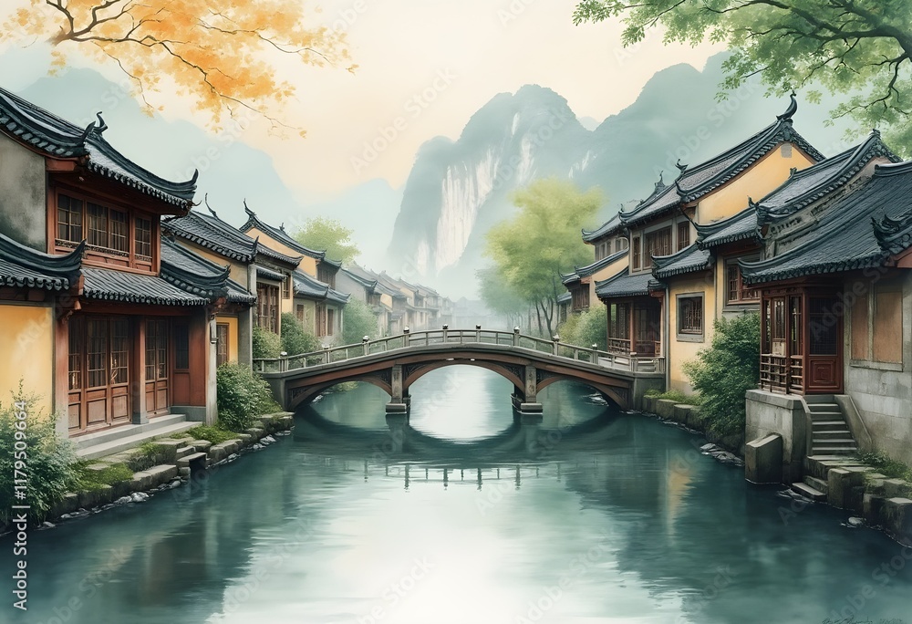 Fototapeta premium Serene Water Town: Wooden Houses and Stone Bridges