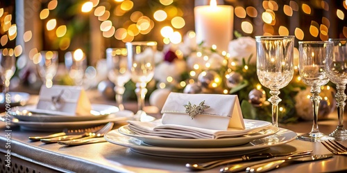 Elegant Banquet Table Setting: Plates, Napkins, Cutlery, Glasses & Name Cards