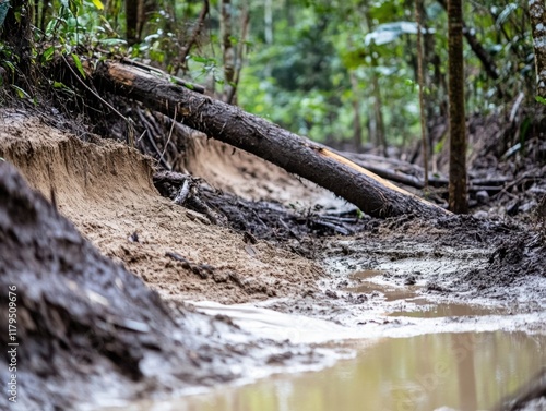 Muddy Rainforest Trail Erosion, Logs, and Puddle Reflections photo