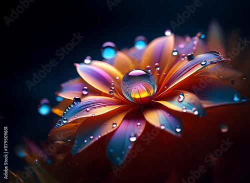 Wallpaper Mural A vibrant, iridescent flower, glistening with dew drops, is illuminated against a dark background.  The central droplet acts as a lens, reflecting light. Torontodigital.ca