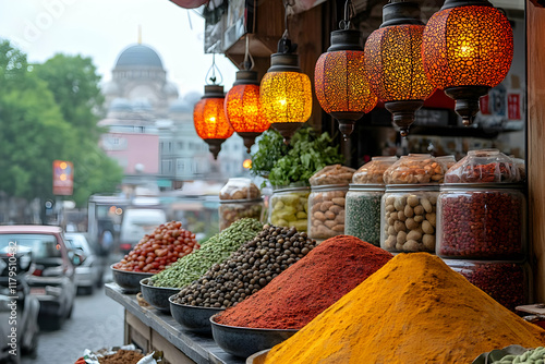 Colorful Spices and Nuts at a Turkish Market Stall with City Background photo