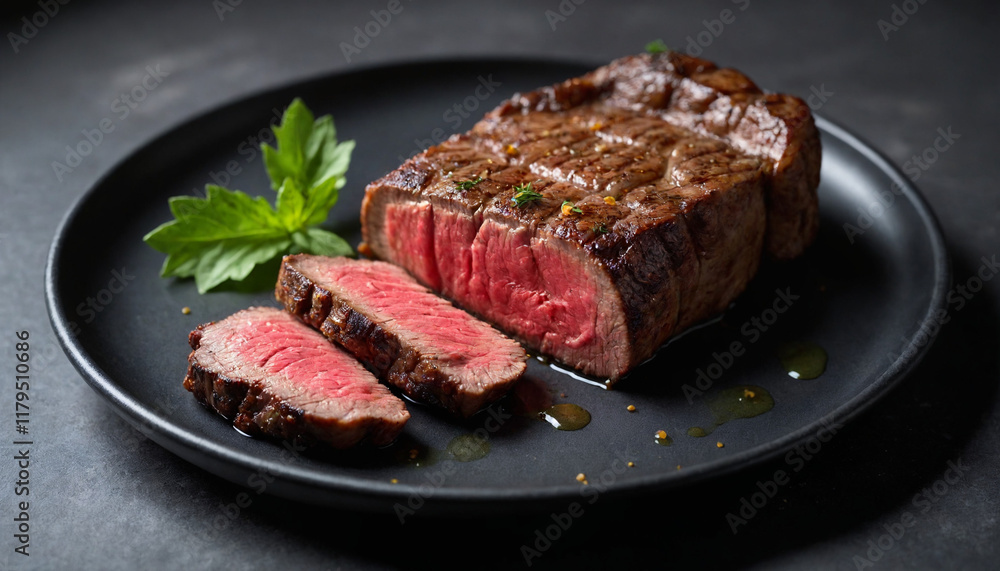 Flank Steak Grilled Medium-Rare Close-up on Black Plate Flank Steak Grilled Medium-Rare Close-up on Black Plate