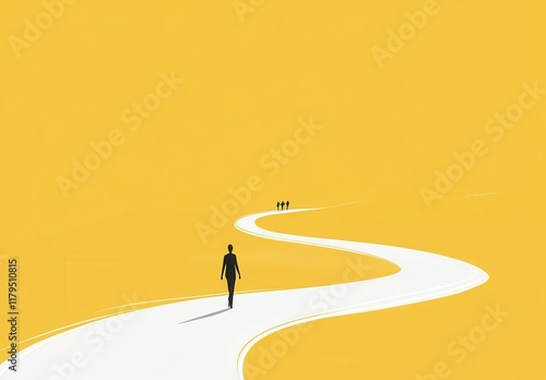 A man is walking down a yellow road. The road is curved and has a slight incline. The man is carrying a briefcase, which suggests that he might be on his way to work or a meeting