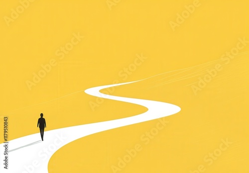 A person is walking down a yellow road. The road is curved and has a white line. The person is walking alone, and the scene is peaceful and serene