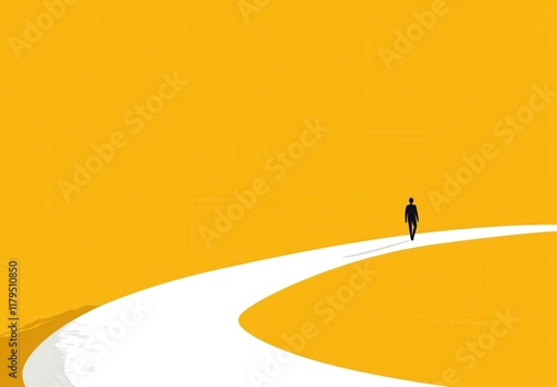 A man walks down a yellow road. The road is curved and the man is walking in the middle of it