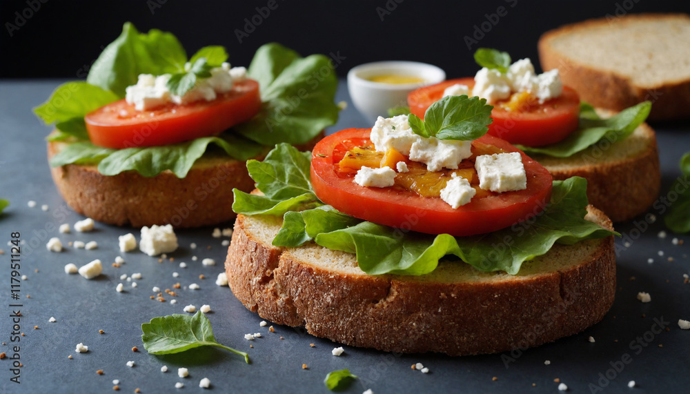 Open-faced Sandwiches with Tomato, Feta, and Greens on Rustic Bread, Top View with Copy Space Open-faced Sandwiches with Tomato, Feta, and Greens on Rustic Bread, Top View with Copy Space