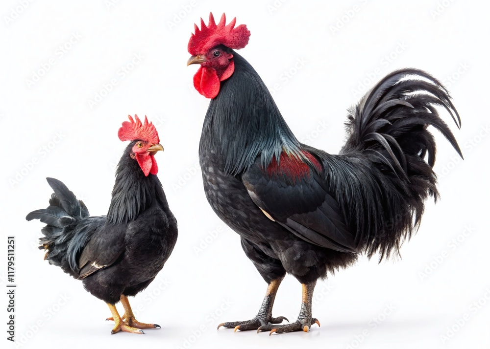 Fototapeta premium Elegant Black Silhouette Rooster and Hen on White - Farm Animal Clipart