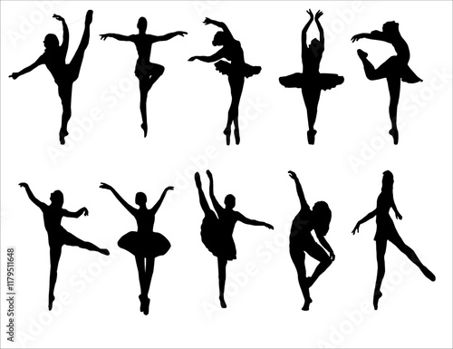 Ballet Dancing Silhouettes. Dance ballet silhouettes. Dancer woman people. Female ballerina recital silhouette. Set of dance ballet silhouette illustrations. Female ballet dancing