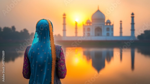 Sunrise Taj Mahal India woman travel photo