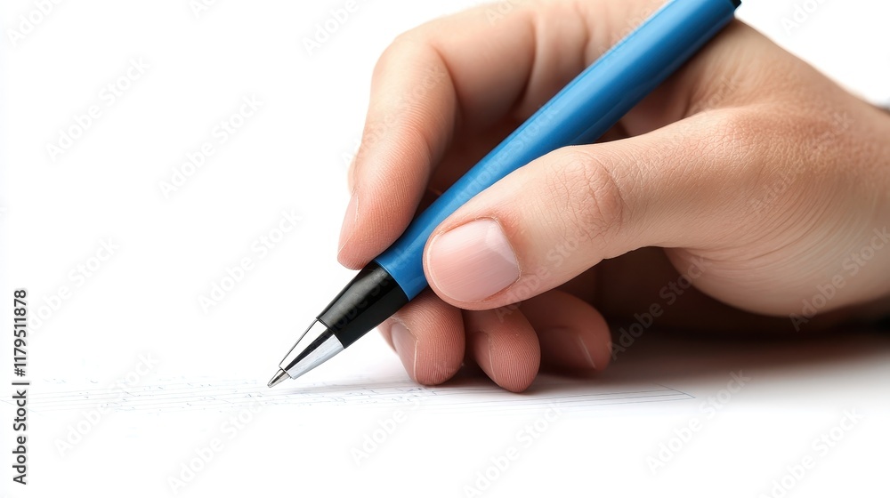 Close-Up of Hand Holding a Blue Ballpoint Pen Close-Up of Hand Holding a Blue Ballpoint Pen