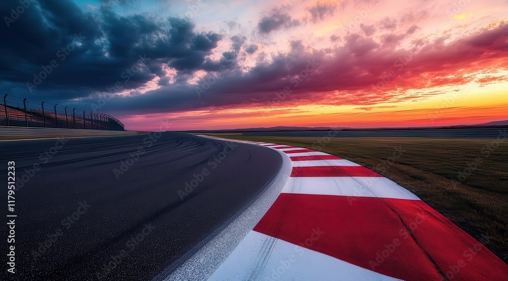 Naklejka premium A red and white striped road with a sunset in the background. The road is empty and the sky is cloudy