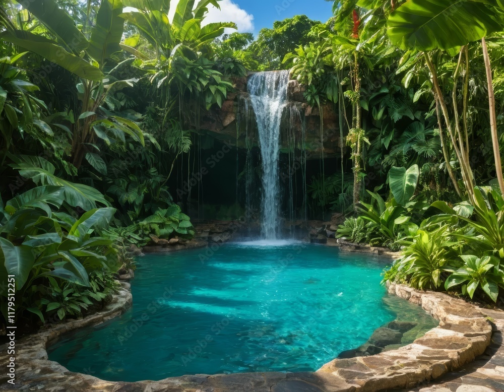 Lush Tropical Paradise: Tranquil Waterfall Pool Escape Lush Tropical Paradise: Tranquil Waterfall Pool Escape