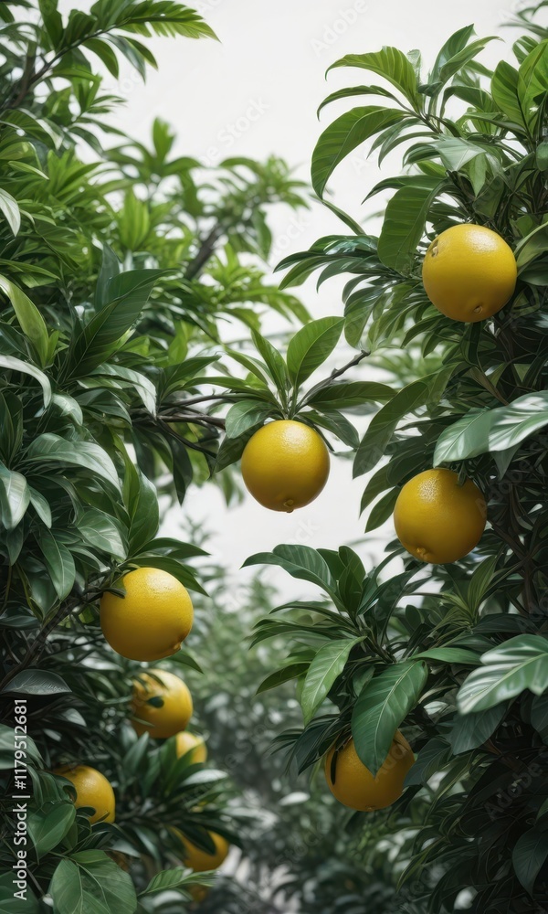 Lush green citrus foliage, stark white contrast , nature, clean Lush green citrus foliage, stark white contrast , nature, clean