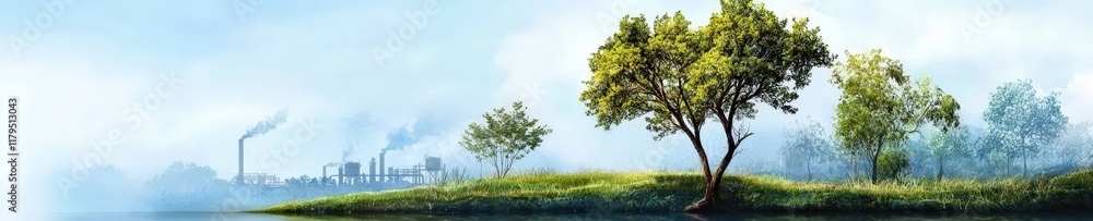 Lush trees planted around solar-powered factories. Lush trees planted around solar-powered factories.