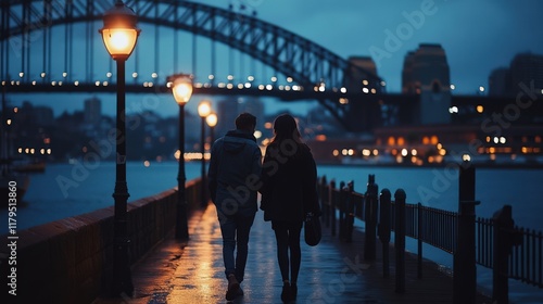 A romantic evening walk by the water. Two people stroll near the bridge in beautiful city lights under a dark sky.