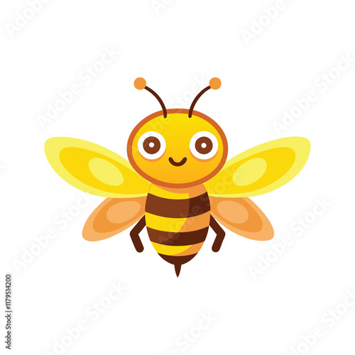 Cartoon bee featuring a bright yellow face and brown wings isolated flat vector illustration on white background.