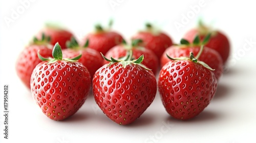 Ten ripe, red strawberries arranged on a white background. photo