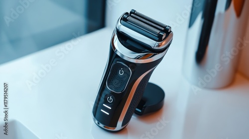 A cordless electric shaver with a charging dock, highlighted on a white surface, photo