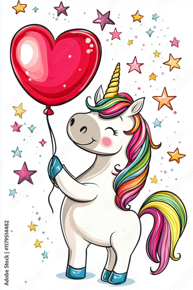 Fototapeta premium Valentine's Day Greeting Card Design: Unicorn with Heart Balloon