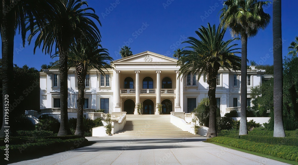Obraz premium A large white house with a large lawn and palm trees. The house has a grand entrance with a large staircase leading up to the front door. The house is surrounded by a lush green lawn and palm trees