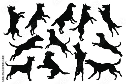Dog jump silhouettes set isolated flat vector illustration on white background.