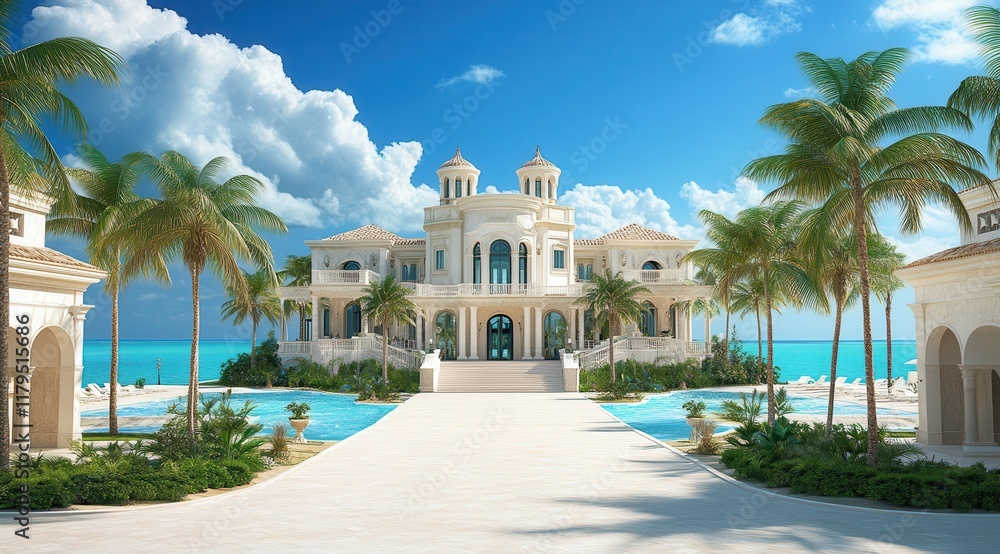 A large white house with a pool and palm trees in the background. The house is surrounded by a white walkway and has a large pool in front of it A large white house with a pool and palm trees in the background. The house is surrounded by a white walkway and has a large pool in front of it