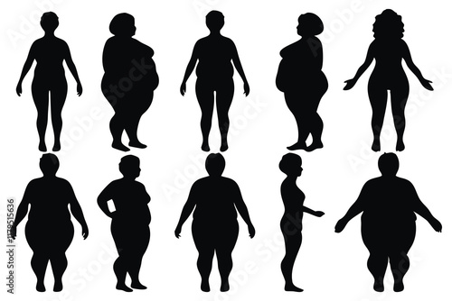 Fat woman silhouettes set isolated flat vector illustration on white background
