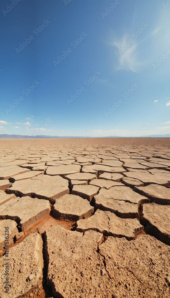 Fototapeta premium Parched Earth: Cracked Dry Soil Under a Bright Blue Sky. Depicts Drought, Climate Change, Desertification, and Water Scarcity