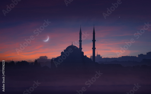 Silhouette of mosque with towering minarets at twilight, symbolizing Ramadan photo