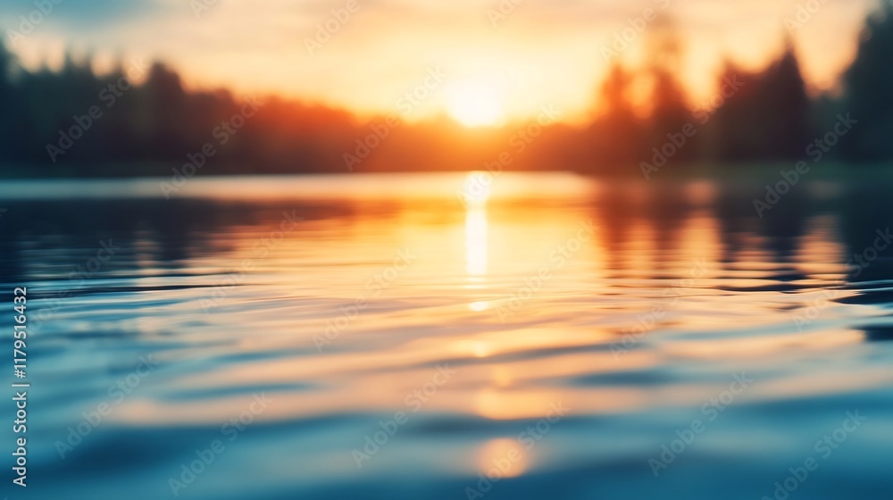 Blurred Sunset Reflection Over a Serene Calm Lake Landscape with Forested Shoreline Blurred Sunset Reflection Over a Serene Calm Lake Landscape with Forested Shoreline