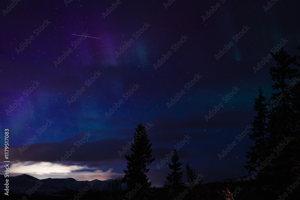 Aurora Borealis Over Mountains and Forest in Norway Aurora Borealis Over Mountains and Forest in Norway