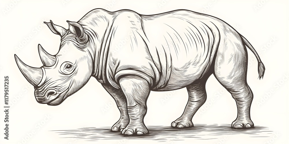 Obraz premium Engraving illustration of a rhinoceros, simple vector line art, white background, isolated on the same layer, high resolution, clipart style, hand-drawn, vintage engraver, 2D design, high contrast, 