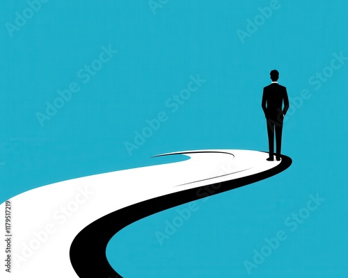 A man is walking down a road with a blue sky in the background. The road is curved and the man is walking on the right side of the road