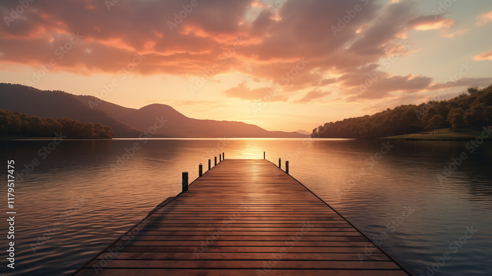 Serene Sunset Over a Peaceful Lake with Wooden Pier Serene Sunset Over a Peaceful Lake with Wooden Pier
