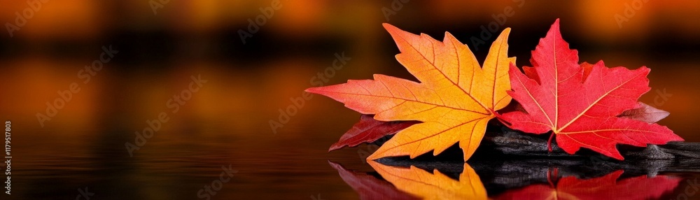 Autumn Reflections: Two vibrant maple leaves, one orange and one red, rest on dark stones, their reflection mirrored on a glossy surface. The bokeh background subtly suggests the beauty of fall. Autumn Reflections: Two vibrant maple leaves, one orange and one red, rest on dark stones, their reflection mirrored on a glossy surface. The bokeh background subtly suggests the beauty of fall.