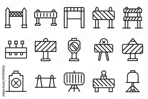 Road block and pedestrian barrier related editable stroke outline icon set flat vector illustration