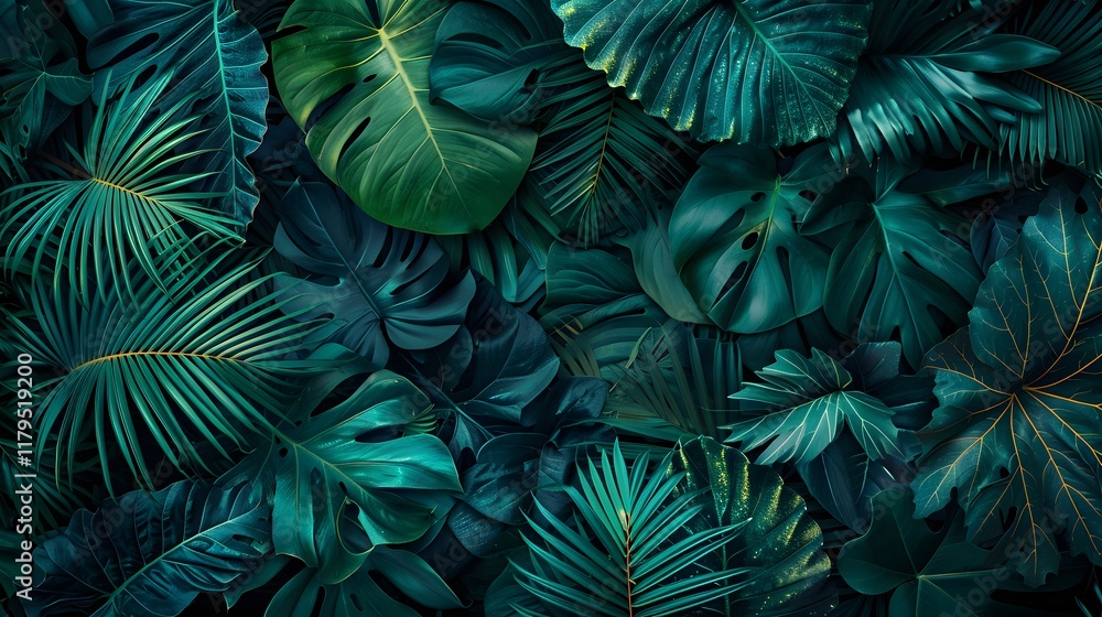 Fototapeta premium A dense arrangement of tropical leaves in varying shades of green.
