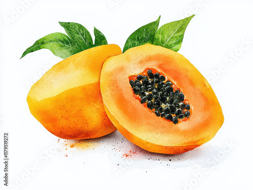 watercolor Watercolor illustration of halved papaya with seeds and green leaves isolated design on white background photo