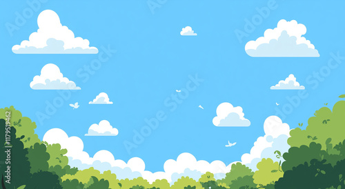 Bright Sky With Fluffy Clouds And Green Foliage Digital Background