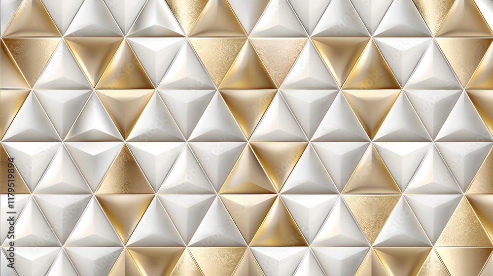A textured pattern of white and gold pyramids creating a modern design aesthetic. A textured pattern of white and gold pyramids creating a modern design aesthetic.