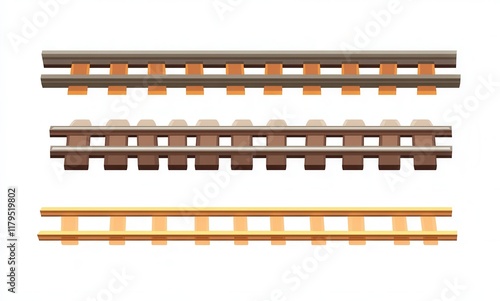 Three railroad tracks with orange and brown stripes. The tracks are shown in different orientations. The first track is horizontal, the second track is vertical, and the third track is diagonal photo