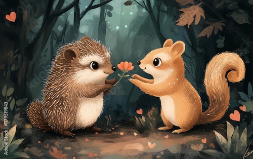 Valentine s Day card, whimsical nature theme, hedgehog gifting flower to squirrel, forest with heartshaped leaves and mushrooms, romantic woodland illustration, cozy digital art photo