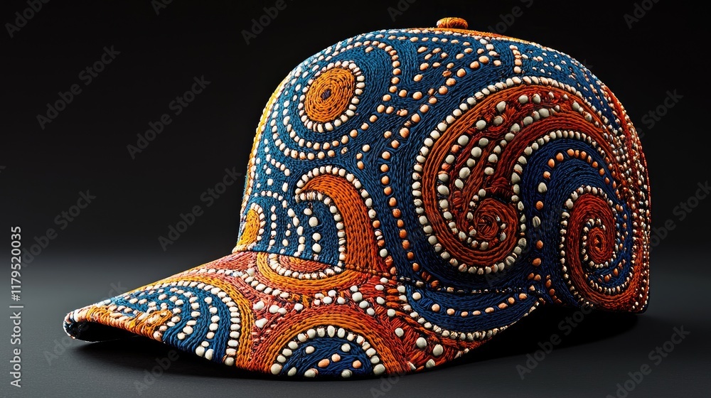 Fototapeta premium Colorful Aboriginal-inspired baseball cap on dark background.