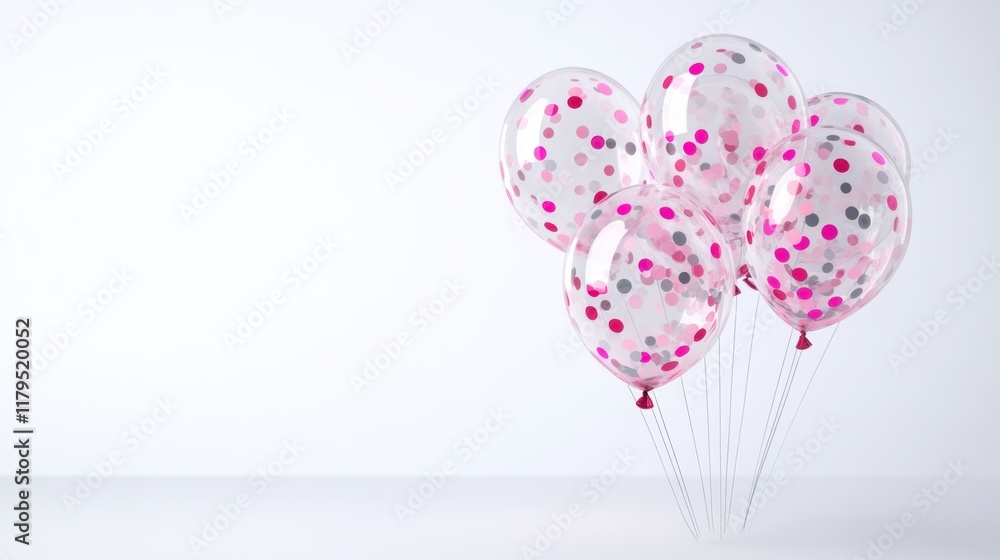Cluster of five transparent balloons filled with pink and silver confetti, floating against a white background Cluster of five transparent balloons filled with pink and silver confetti, floating against a white background
