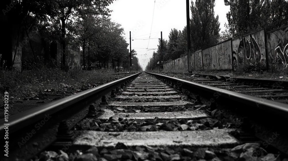 Fototapeta premium Monochromatic Railroad Tracks Vanishing into the Distance