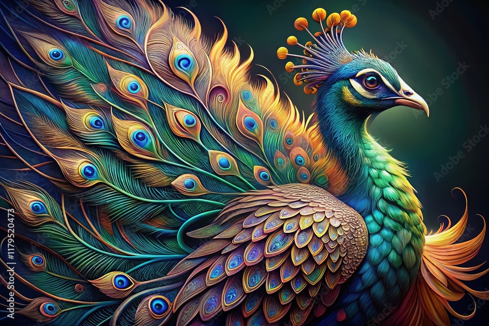 Fototapeta premium Elegant Peacock Feather Drawing, Artistic Bird Illustration, Colorful Ink Sketch