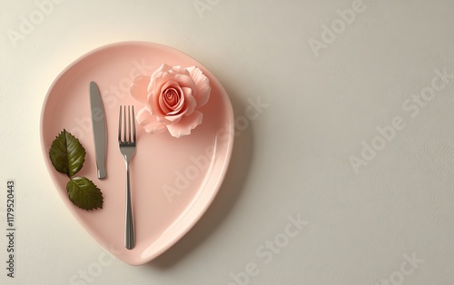 Valentine s Day top view, heartshaped pink plate, fork, knife, and rose on white background, empty space for adding text, romantic design, elegant digital illustration photo