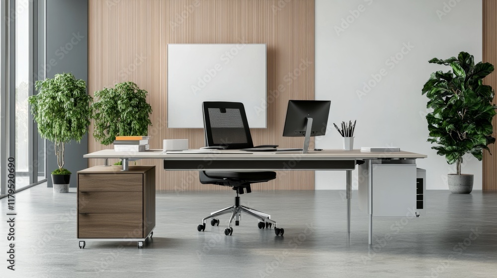 Fototapeta premium A modern office desk with a laptop, monitor, and plant. sleek, minimal design features open space, technology and productivity. room is empty, offering a clean and organized workspace