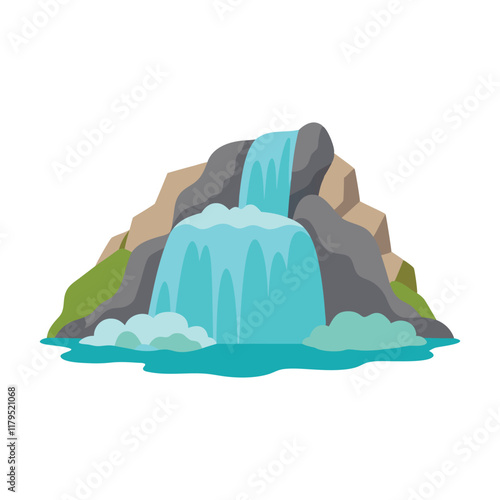 Cartoon depiction of a waterfall cascading over rocks isolated flat vector illustration on white background