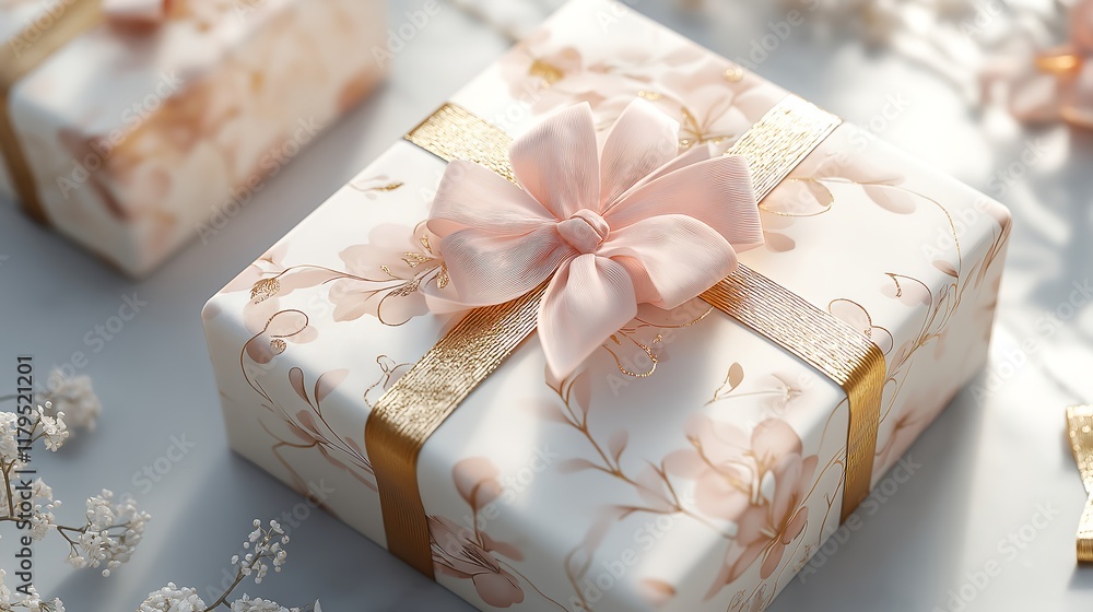 Luxury Valentine’s Day gift packaging with gold accents, featuring a delicate ribbon and elegant floral design. Luxury Valentine’s Day gift packaging with gold accents, featuring a delicate ribbon and elegant floral design.